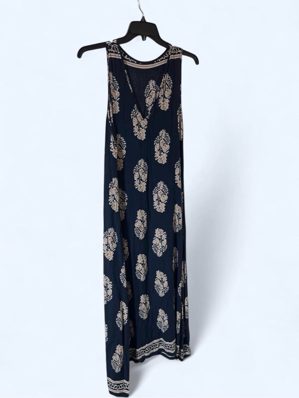 Sleeveless Navy Blue White Leaf Print Boho A-Line Maxi Dress Resort Style
